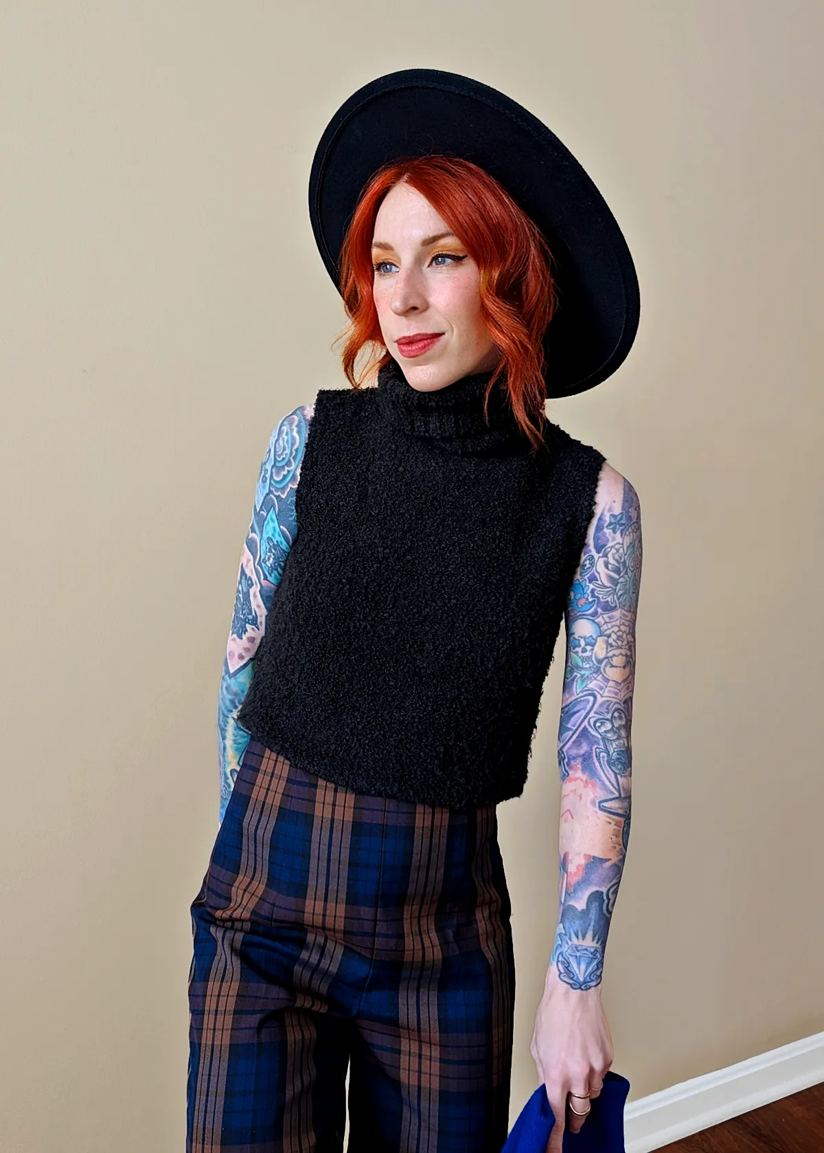Black Nubby Knit Sleeveless Turtleneck Vest