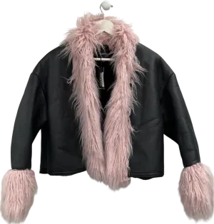 boohoo Black Faux Fur Trim Leather Jacket UK 10