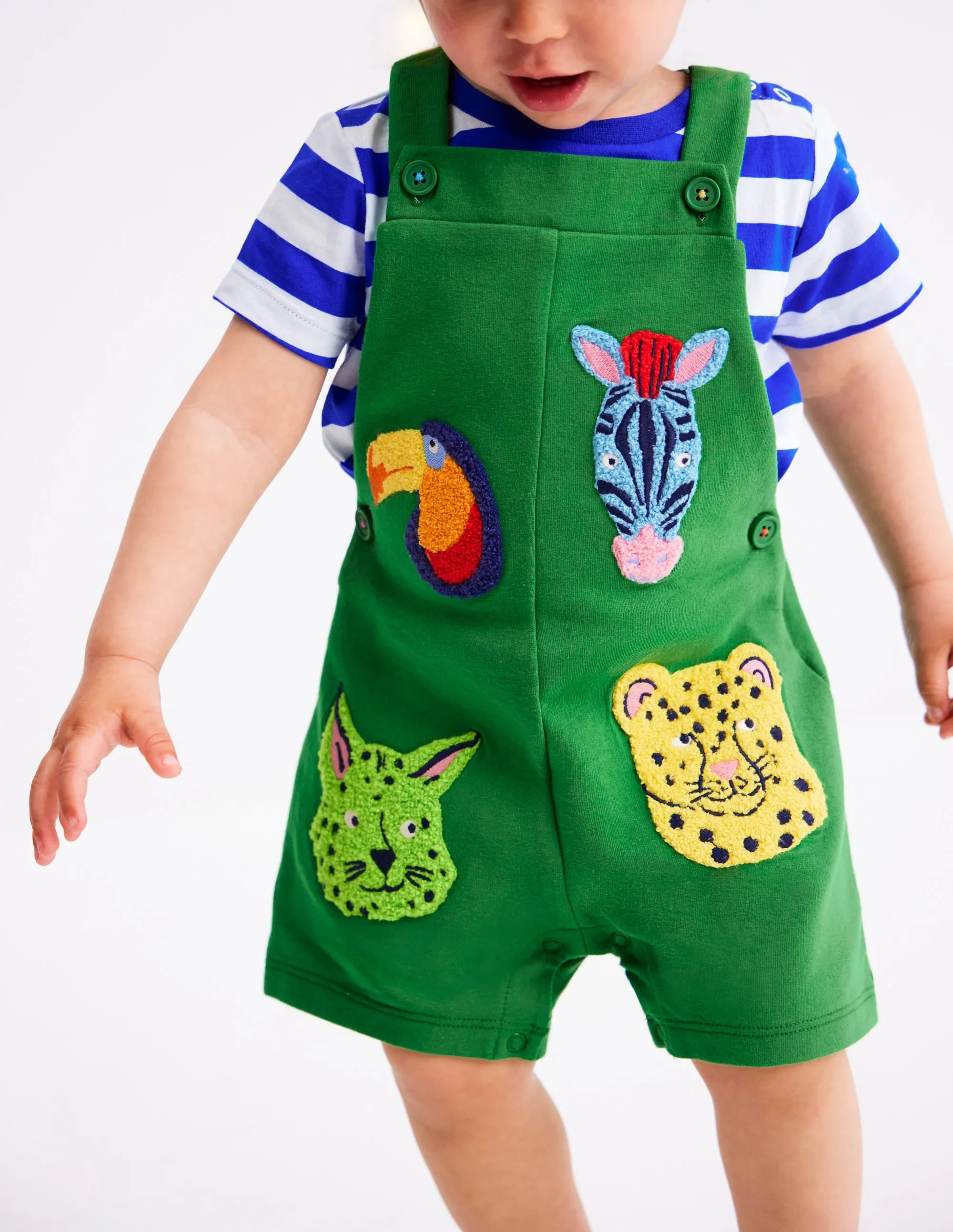 Boucle Jersey Dungaree Set-Green Jungle Animals