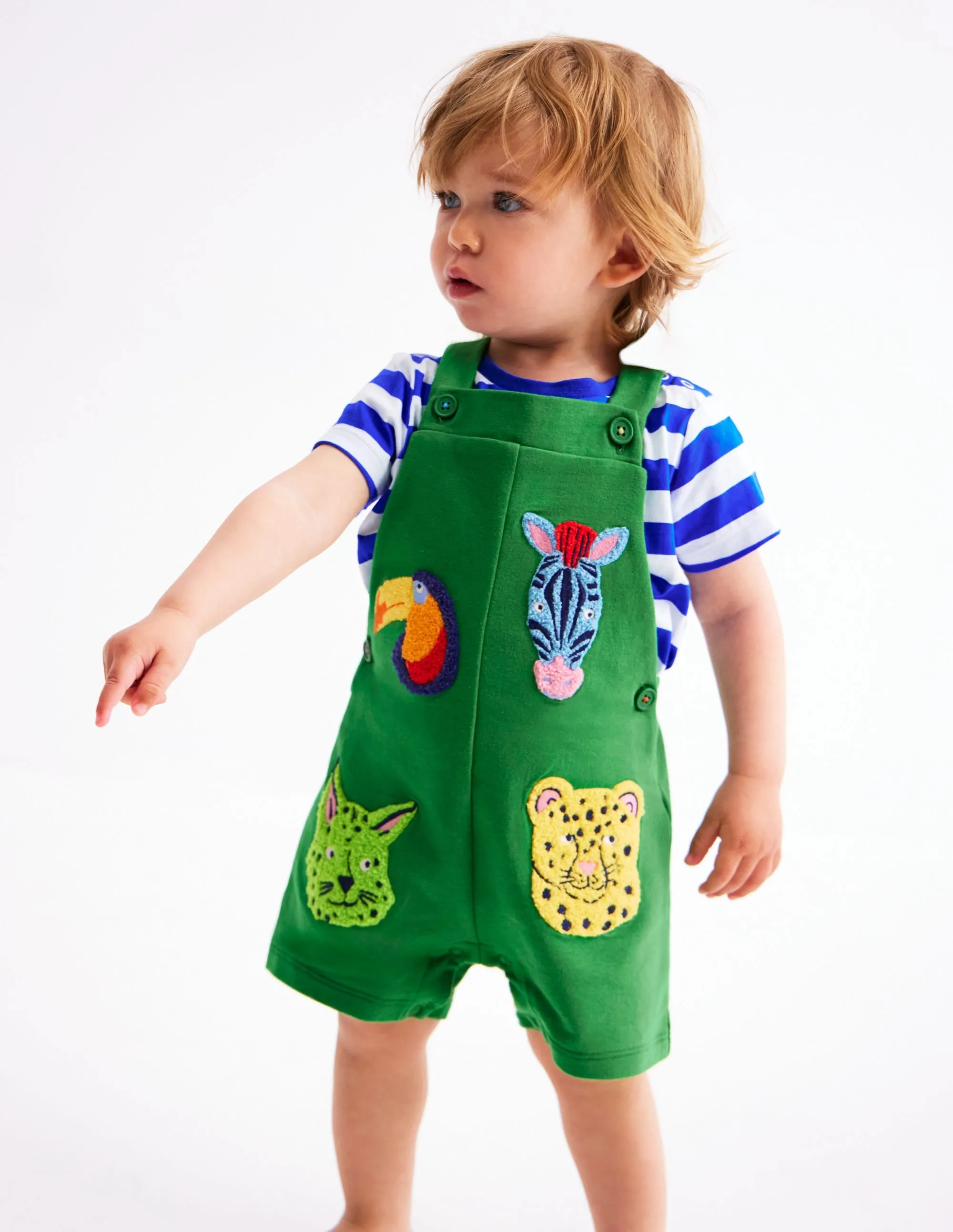Boucle Jersey Dungaree Set-Green Jungle Animals