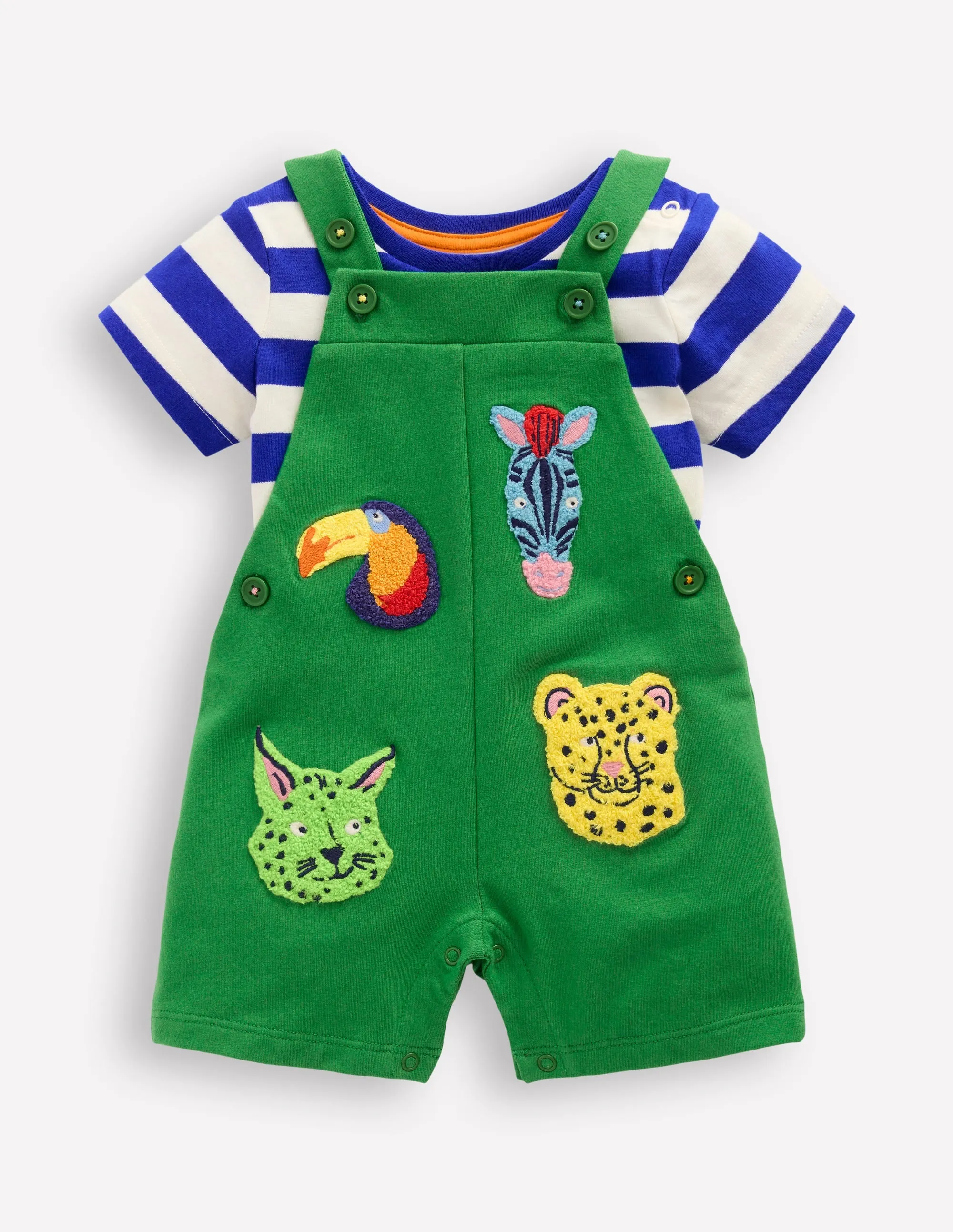 Boucle Jersey Dungaree Set-Green Jungle Animals