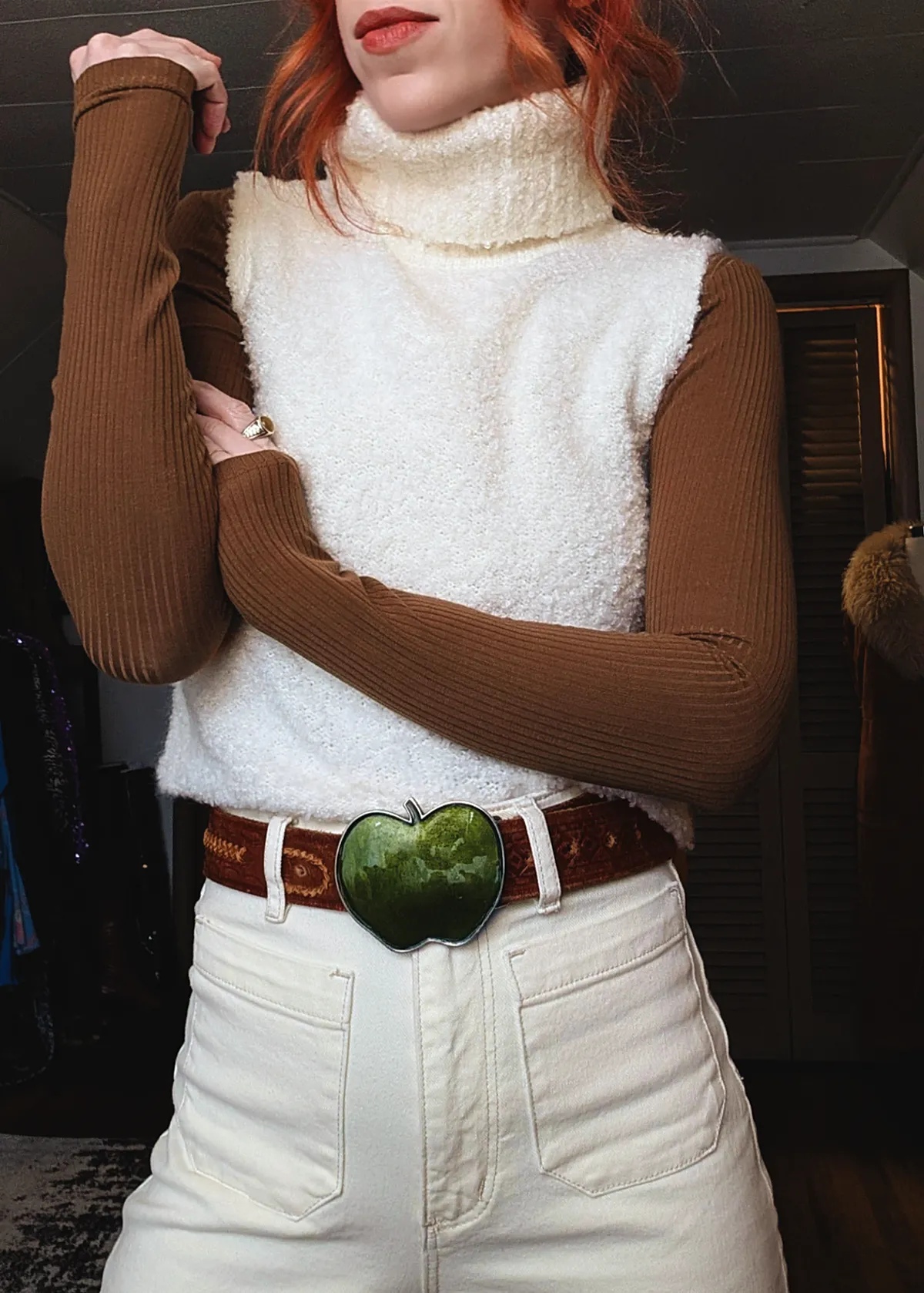 Cream Nubby Knit Sleeveless Turtleneck Vest