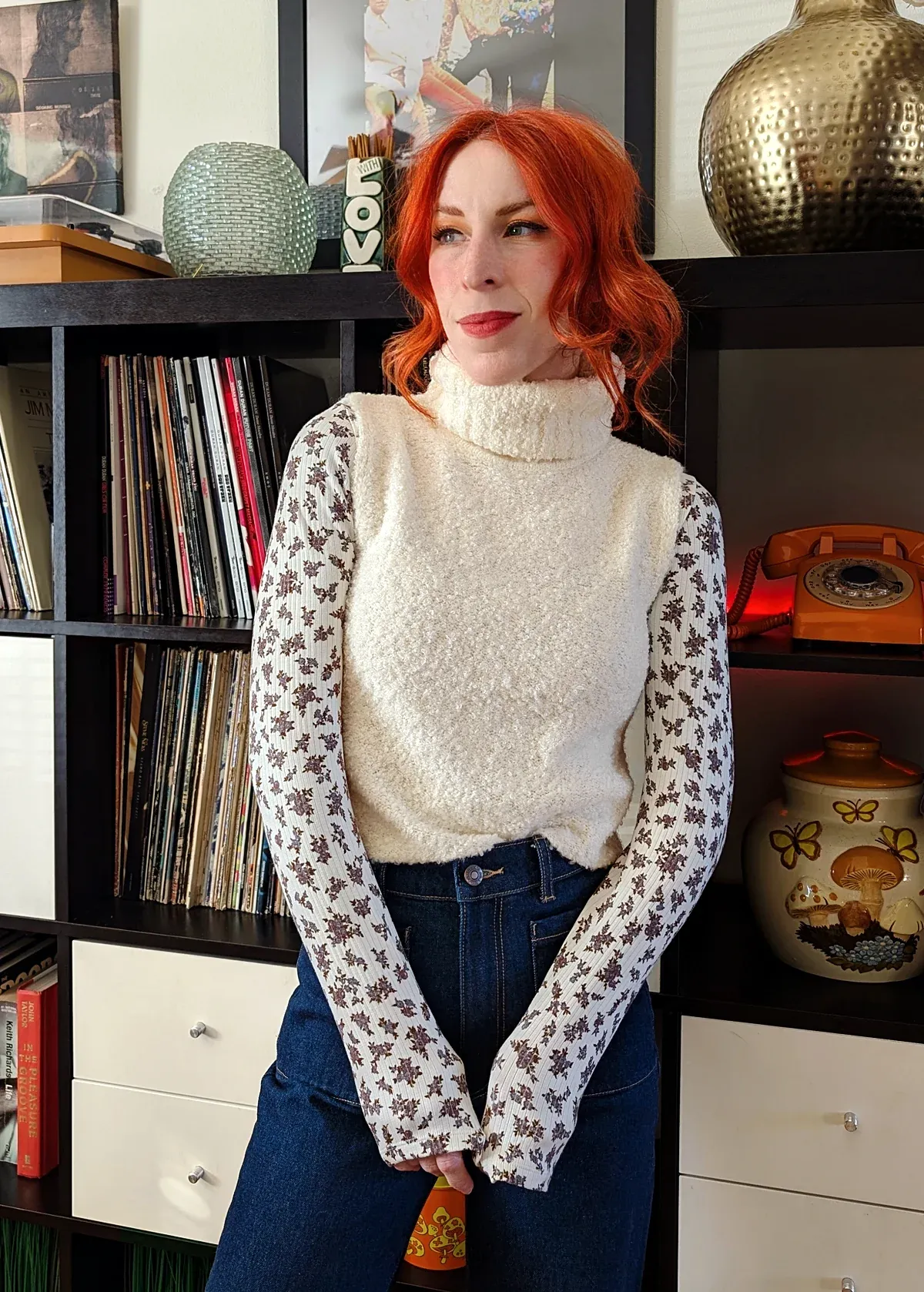Cream Nubby Knit Sleeveless Turtleneck Vest