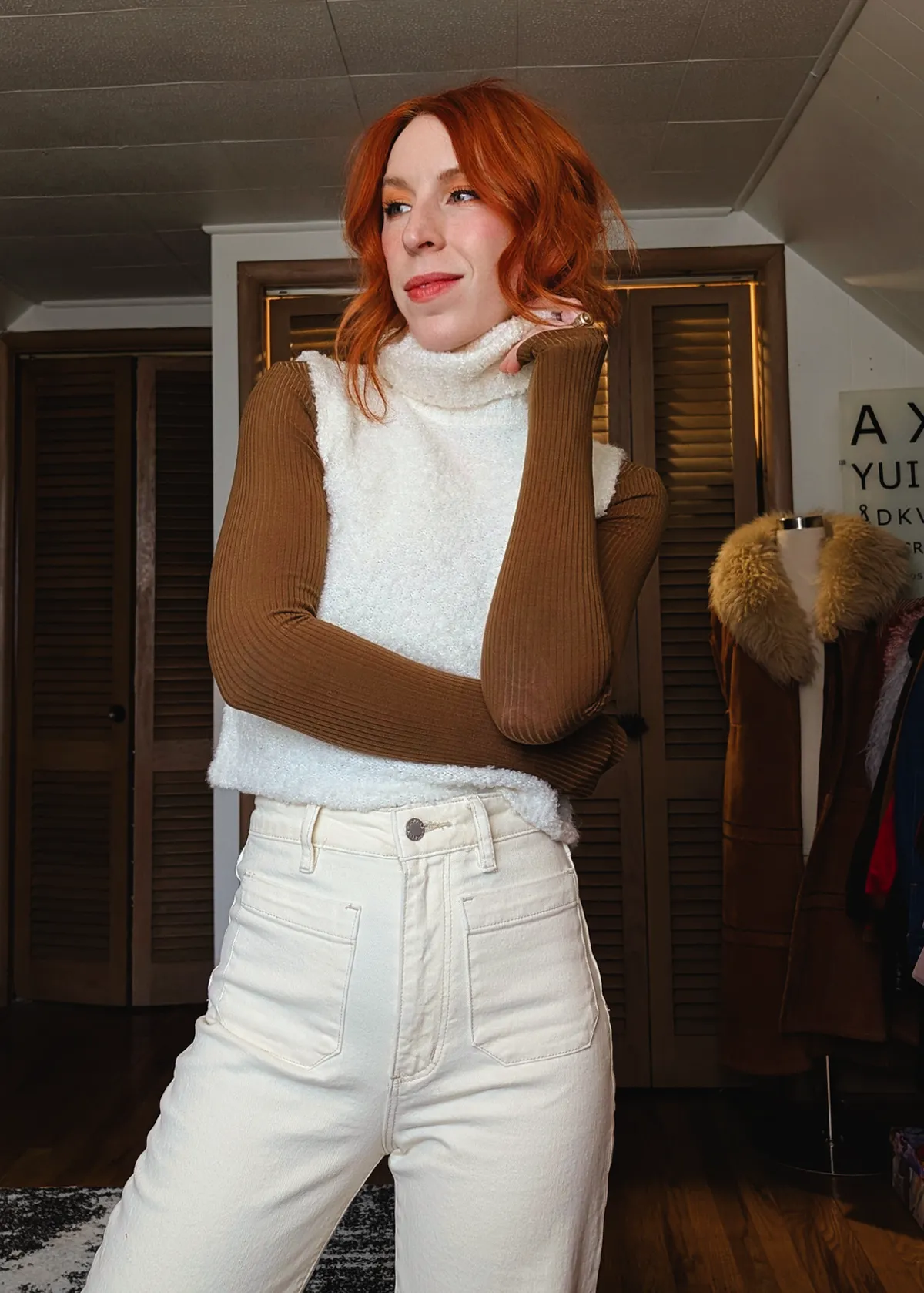 Cream Nubby Knit Sleeveless Turtleneck Vest