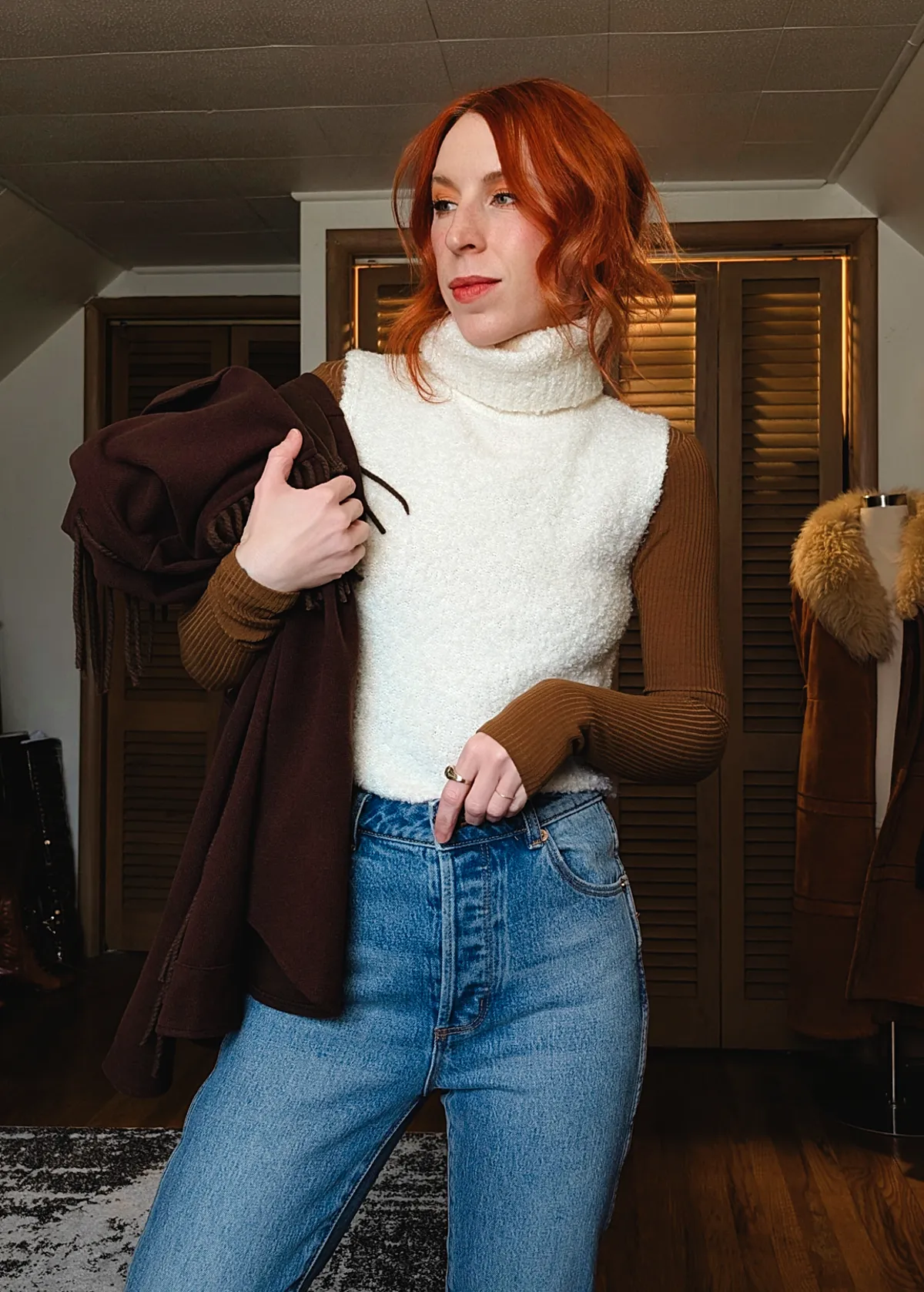 Cream Nubby Knit Sleeveless Turtleneck Vest