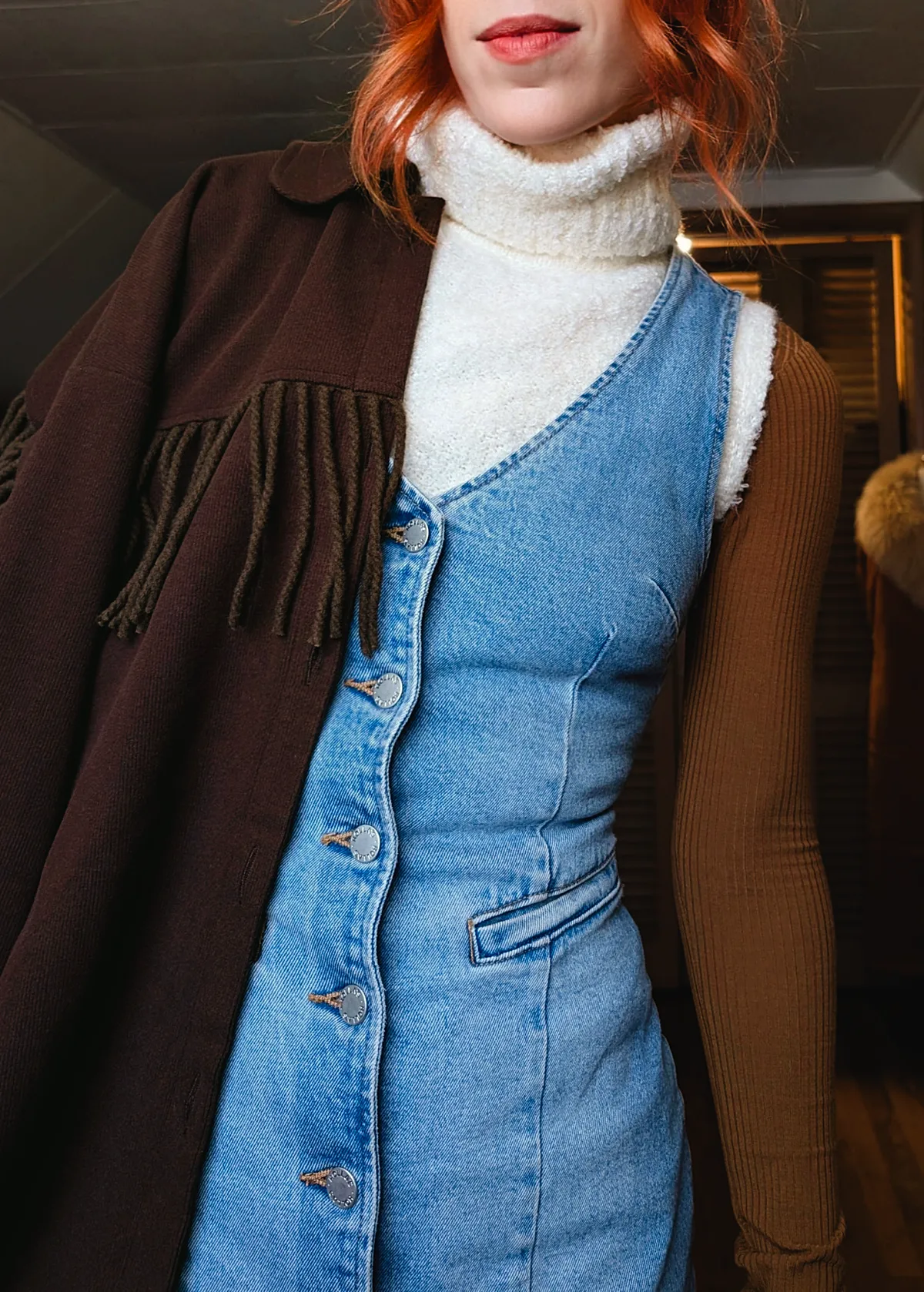Cream Nubby Knit Sleeveless Turtleneck Vest