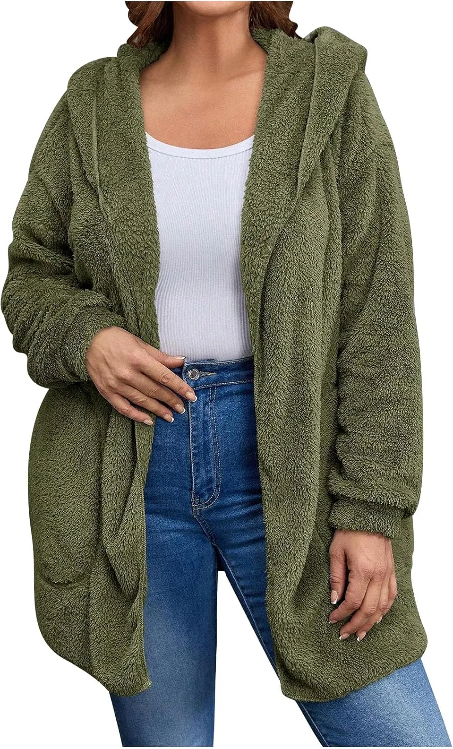jovati Womens Winter Long Sleeve Solid Fuzzy Fleece Open Front Hooded Cardigans Jacket Coats Outerwear with Pocket 2024