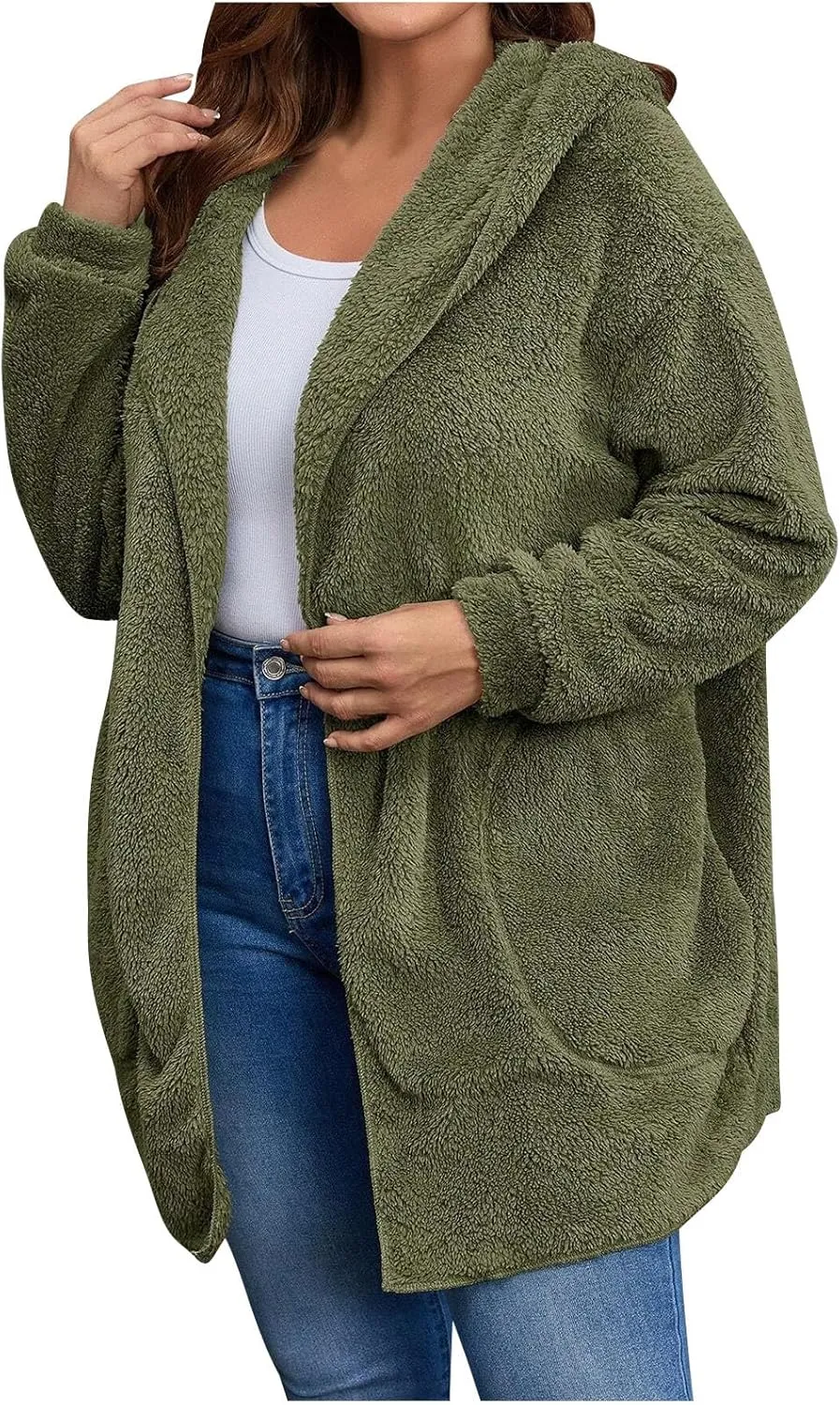 jovati Womens Winter Long Sleeve Solid Fuzzy Fleece Open Front Hooded Cardigans Jacket Coats Outerwear with Pocket 2024