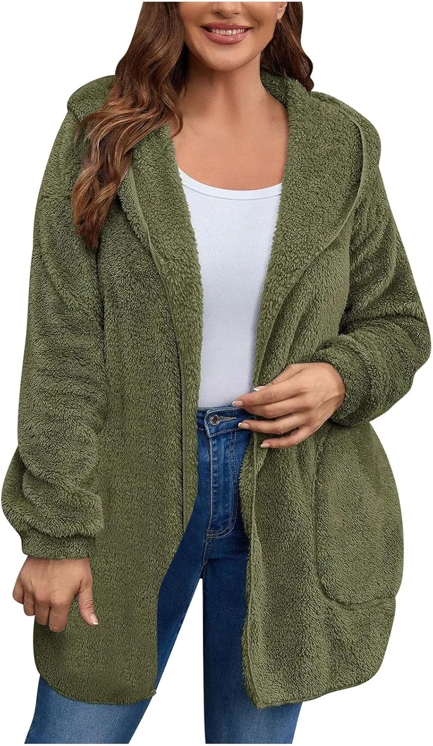 jovati Womens Winter Long Sleeve Solid Fuzzy Fleece Open Front Hooded Cardigans Jacket Coats Outerwear with Pocket 2024
