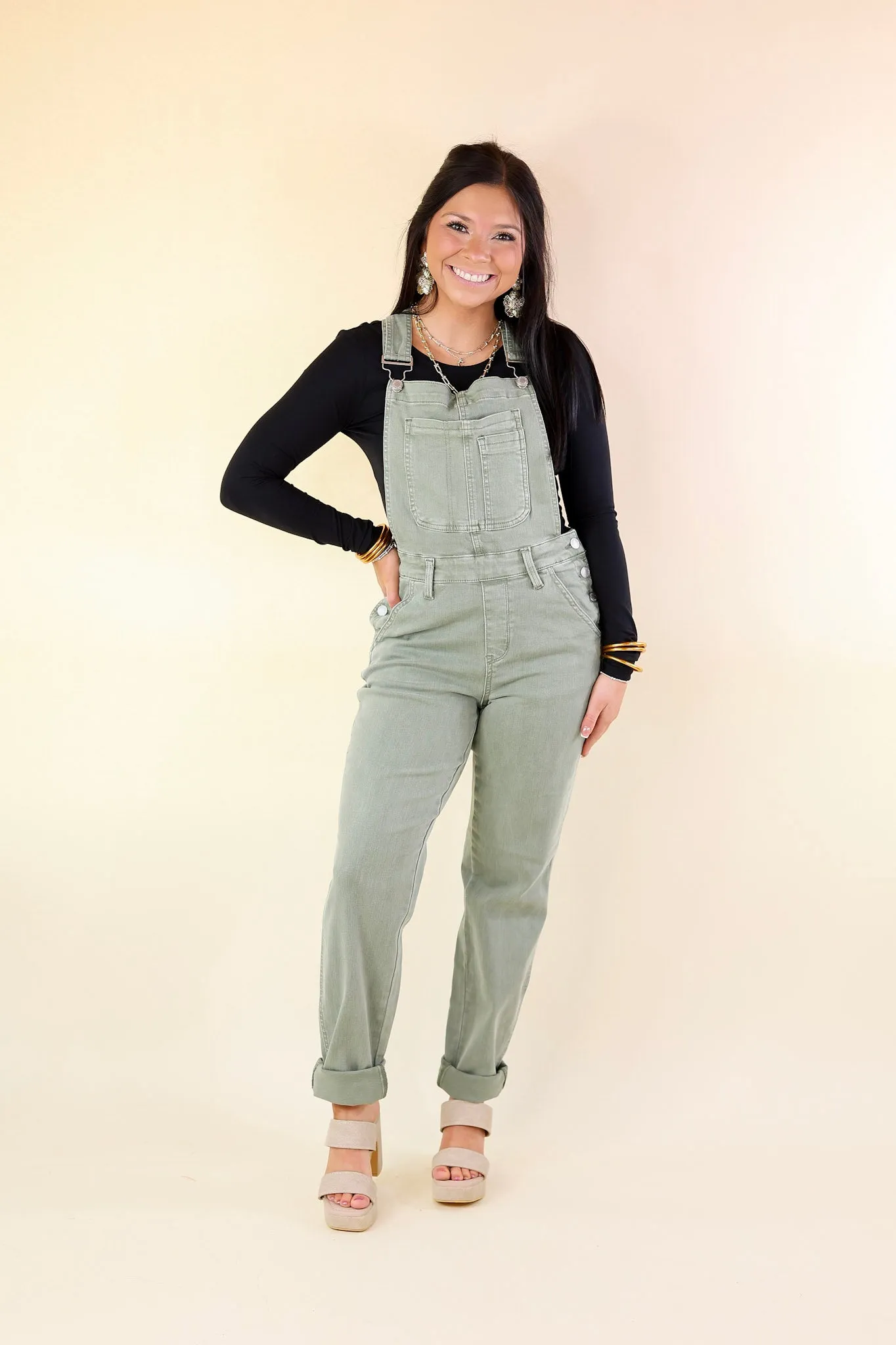 Judy Blue | Start The Bonfire Denim Garment Dyed Overalls in Sage Green