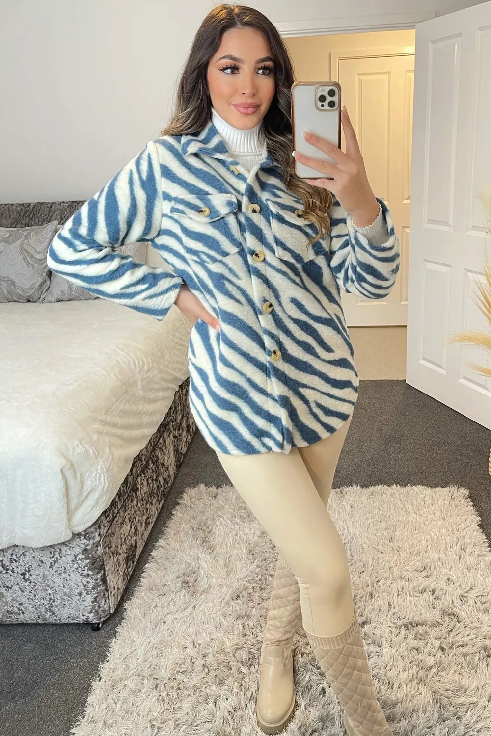 Louise Blue and White Zebra Print Knitted Oversized Shacket