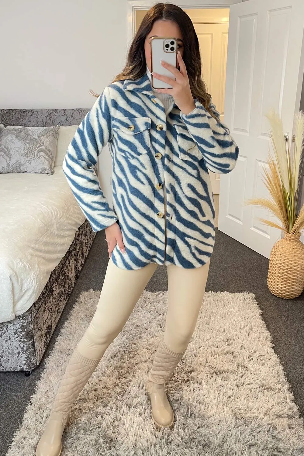Louise Blue and White Zebra Print Knitted Oversized Shacket