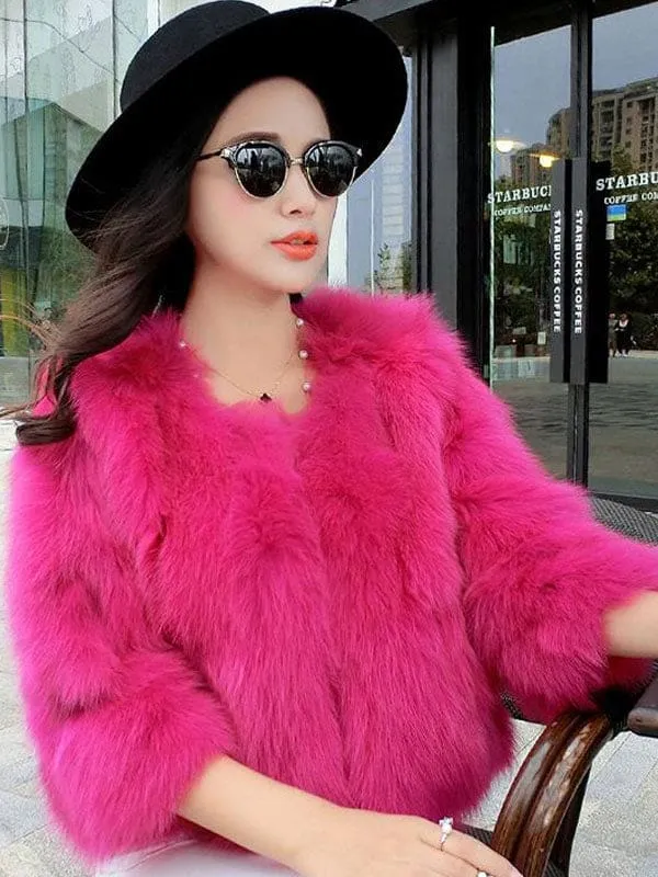 New Faux Fur Coats For Women Long Sleeves Jewel Neck Hunter Green Casual Women Short Coat