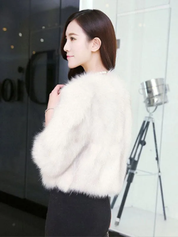 New Faux Fur Coats For Women Long Sleeves Jewel Neck Hunter Green Casual Women Short Coat