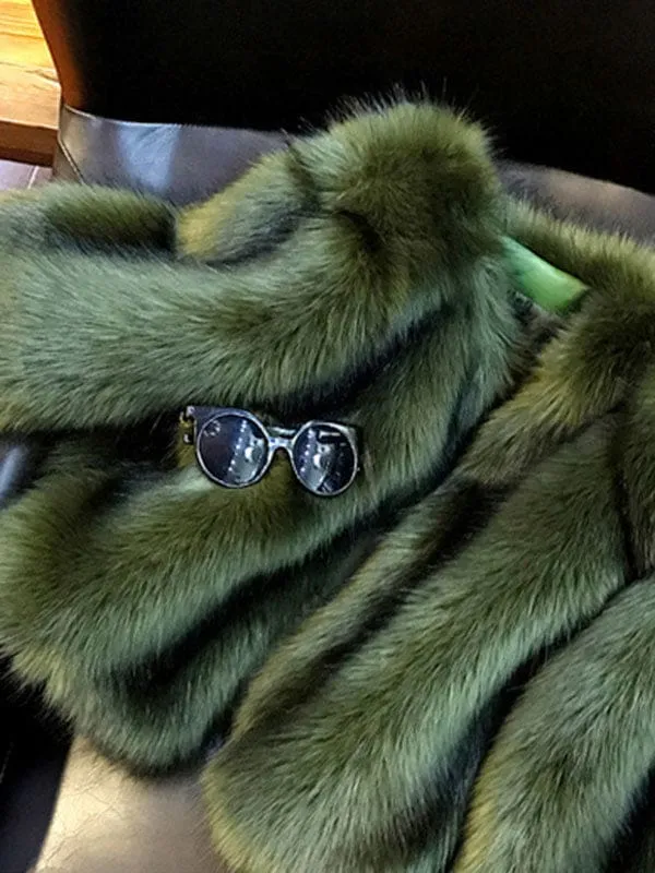 New Faux Fur Coats For Women Long Sleeves Jewel Neck Hunter Green Casual Women Short Coat
