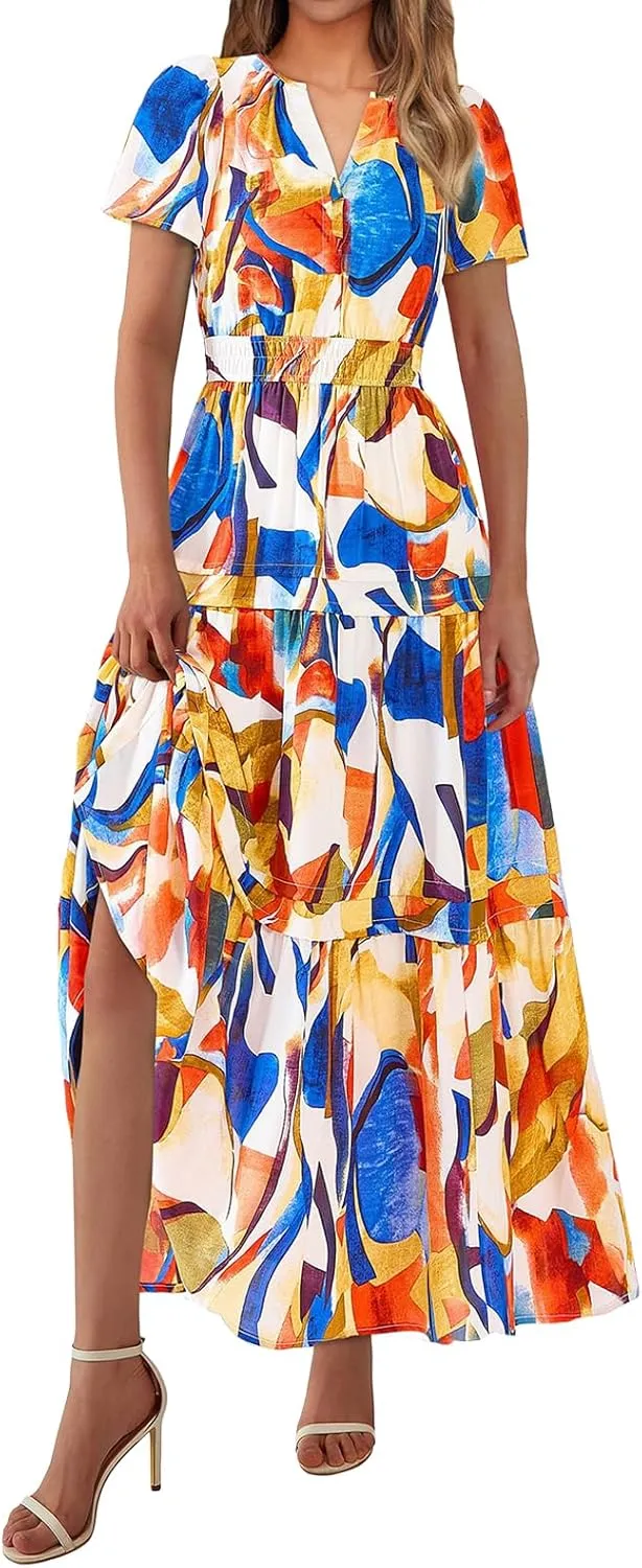Summer Maxi Dress for Women Casual V Neck Short Sleeve Dresses Boho Floral A Line Tiered Flowy Beach Sundress