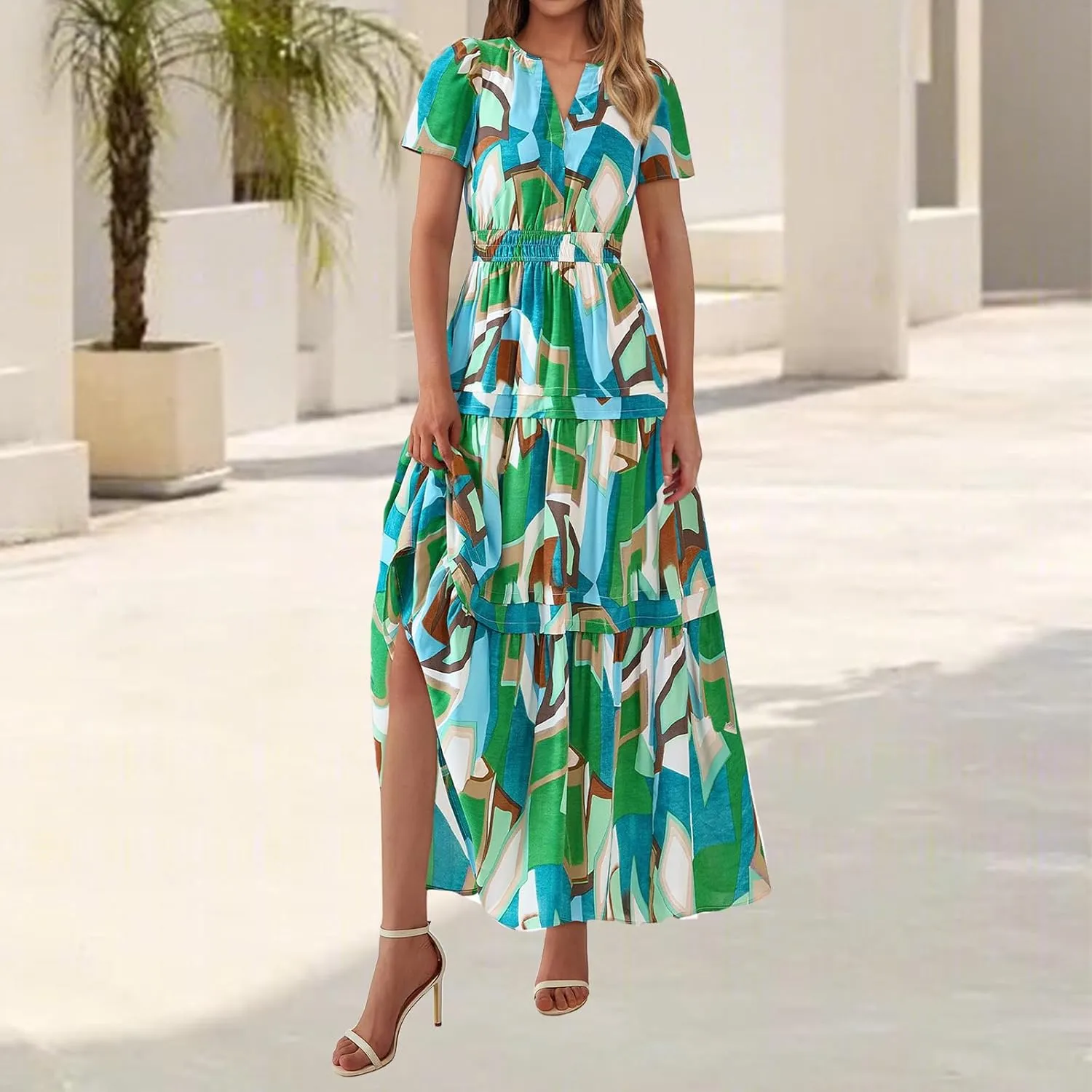 Summer Maxi Dress for Women Casual V Neck Short Sleeve Dresses Boho Floral A Line Tiered Flowy Beach Sundress