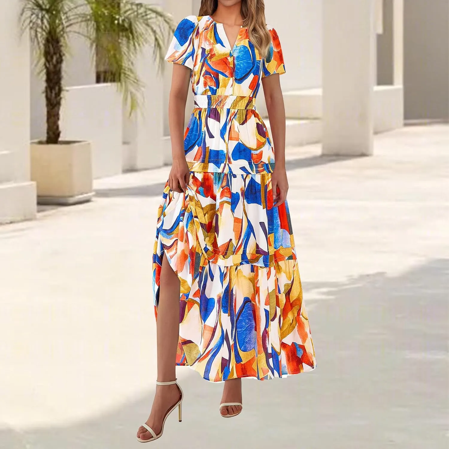 Summer Maxi Dress for Women Casual V Neck Short Sleeve Dresses Boho Floral A Line Tiered Flowy Beach Sundress