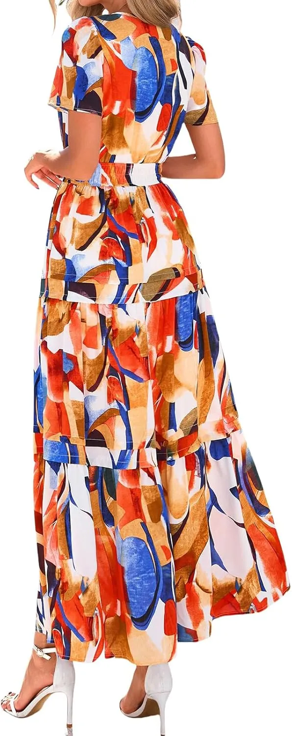 Summer Maxi Dress for Women Casual V Neck Short Sleeve Dresses Boho Floral A Line Tiered Flowy Beach Sundress