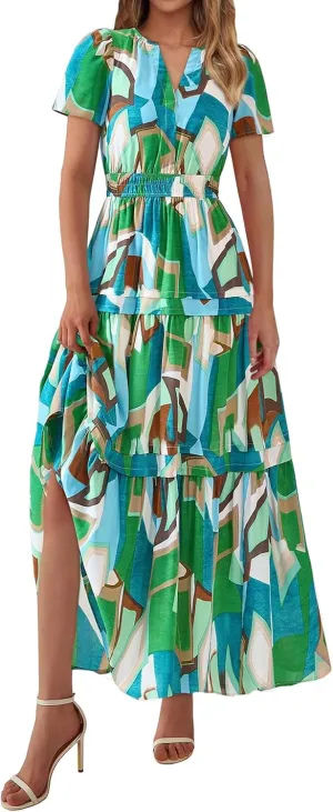 Summer Maxi Dress for Women Casual V Neck Short Sleeve Dresses Boho Floral A Line Tiered Flowy Beach Sundress