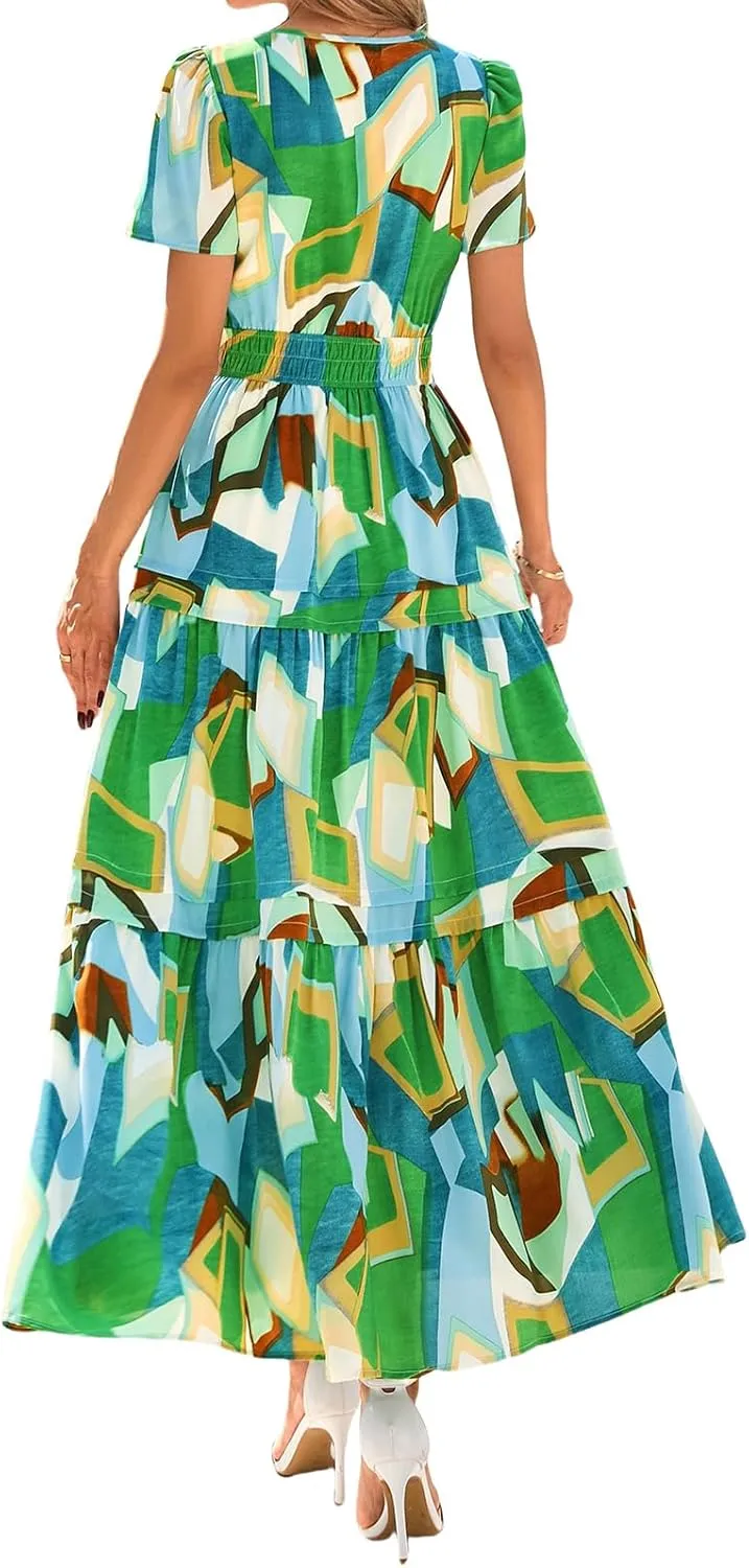 Summer Maxi Dress for Women Casual V Neck Short Sleeve Dresses Boho Floral A Line Tiered Flowy Beach Sundress