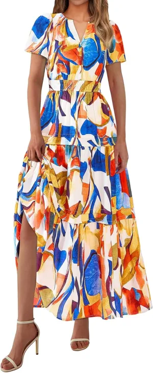 Summer Maxi Dress for Women Casual V Neck Short Sleeve Dresses Boho Floral A Line Tiered Flowy Beach Sundress