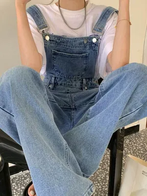 Wenkouban Blue Vintage Washed Denim Dungarees with Faded Details