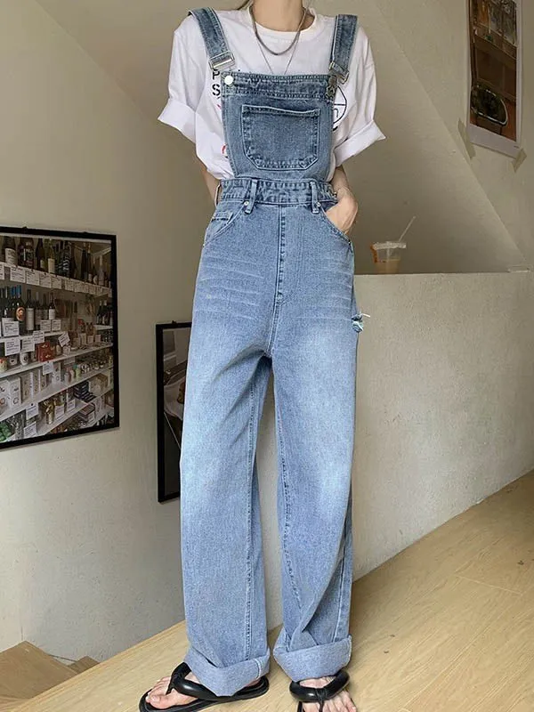 Wenkouban Blue Vintage Washed Denim Dungarees with Faded Details