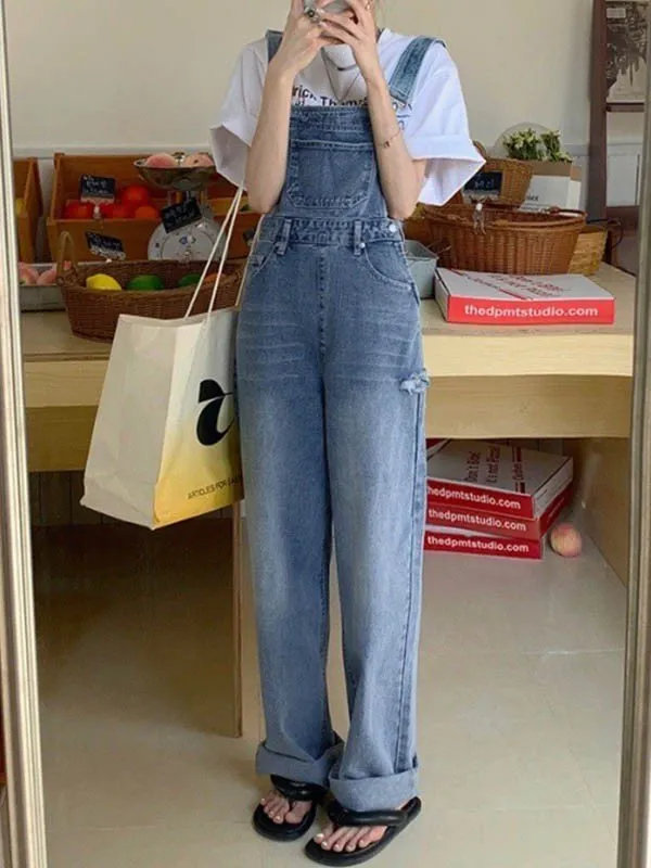 Wenkouban Blue Vintage Washed Denim Dungarees with Faded Details