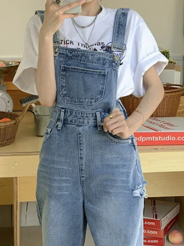 Wenkouban Blue Vintage Washed Denim Dungarees with Faded Details