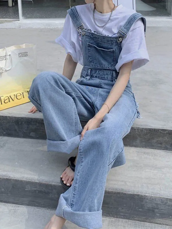 Wenkouban Blue Vintage Washed Denim Dungarees with Faded Details