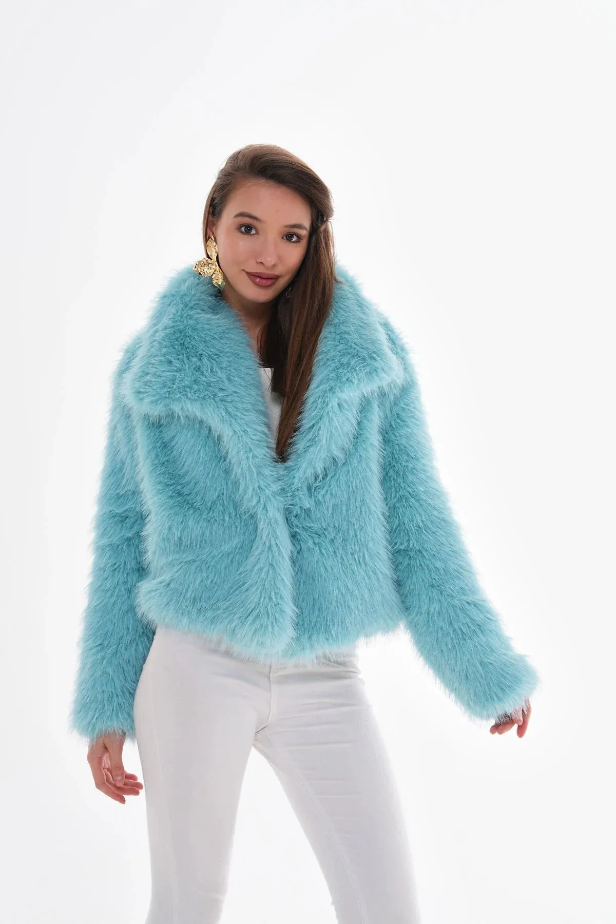 Wide Collar Faux Fur Coat  Light Blue
