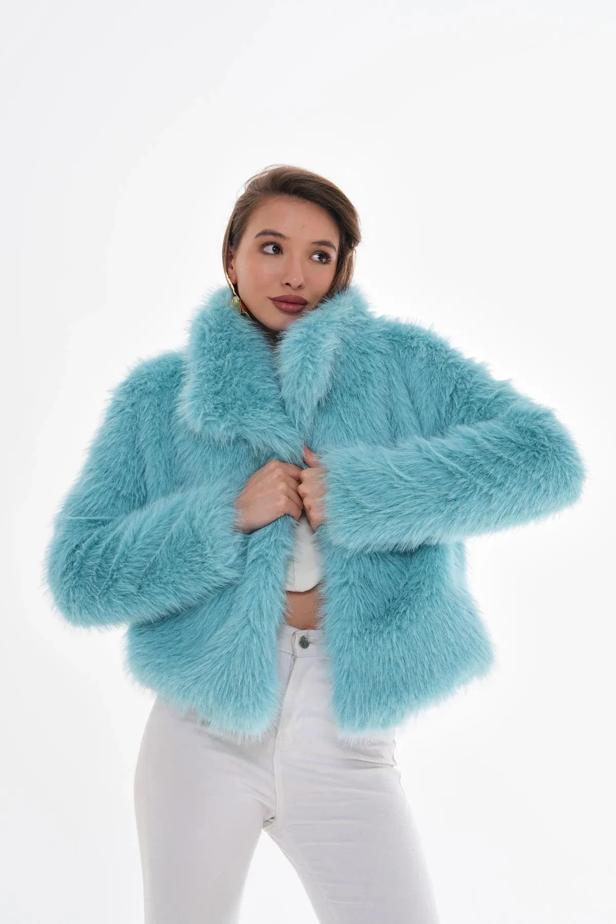 Wide Collar Faux Fur Coat  Light Blue