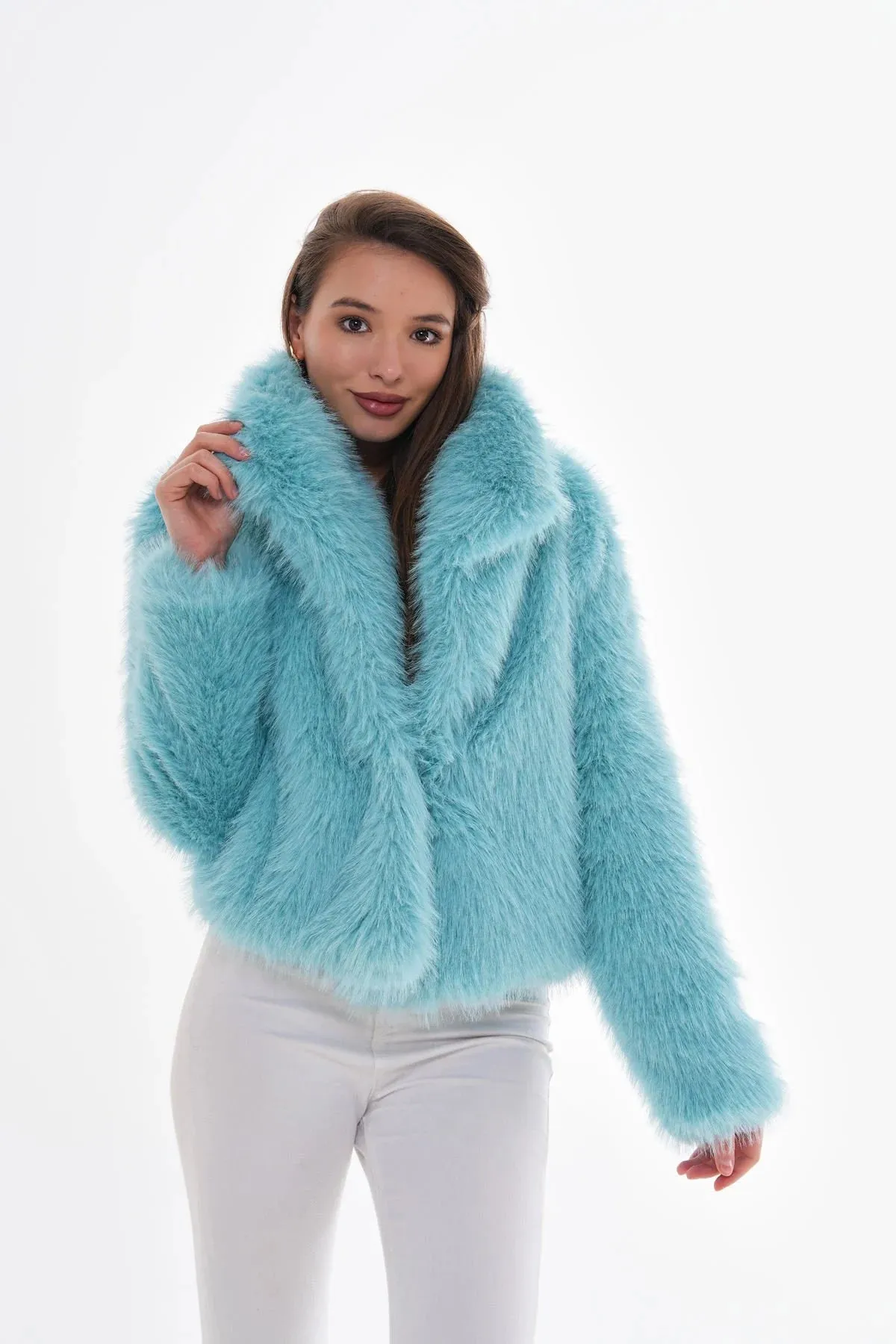 Wide Collar Faux Fur Coat  Light Blue