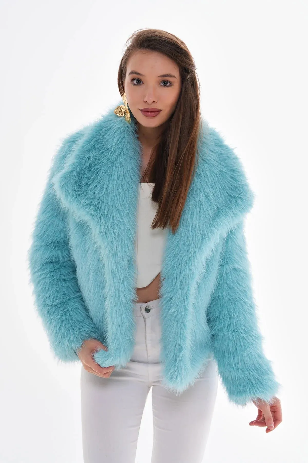 Wide Collar Faux Fur Coat  Light Blue