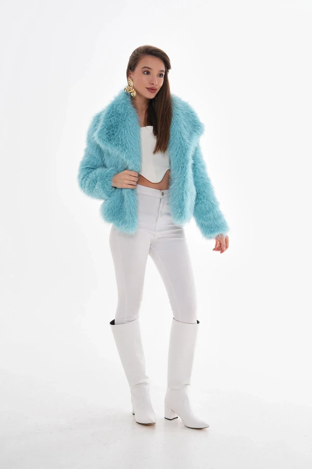 Wide Collar Faux Fur Coat  Light Blue