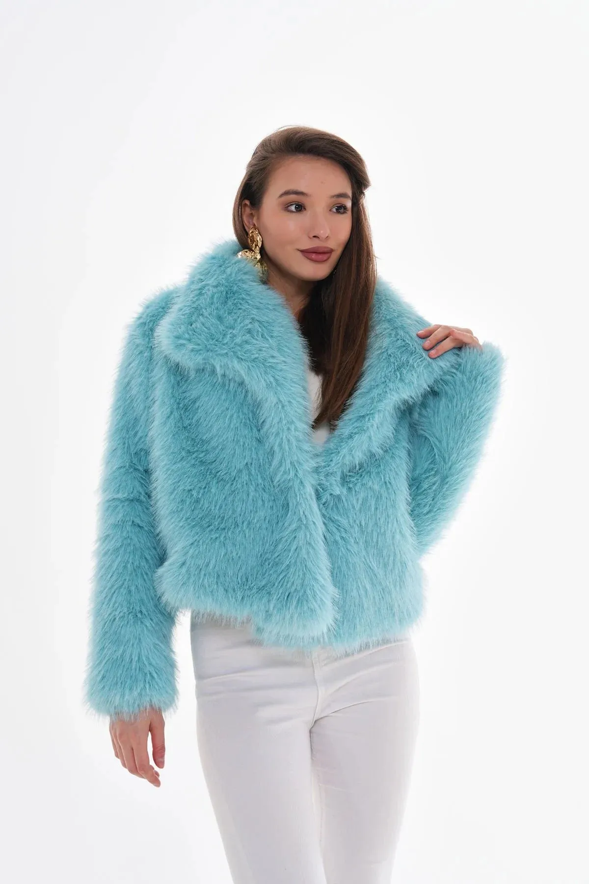 Wide Collar Faux Fur Coat  Light Blue