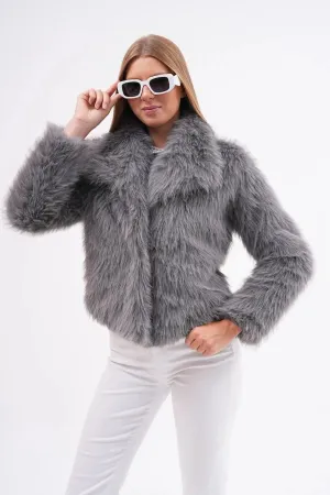 Wide Collar Faux Fur Jacket  Gray