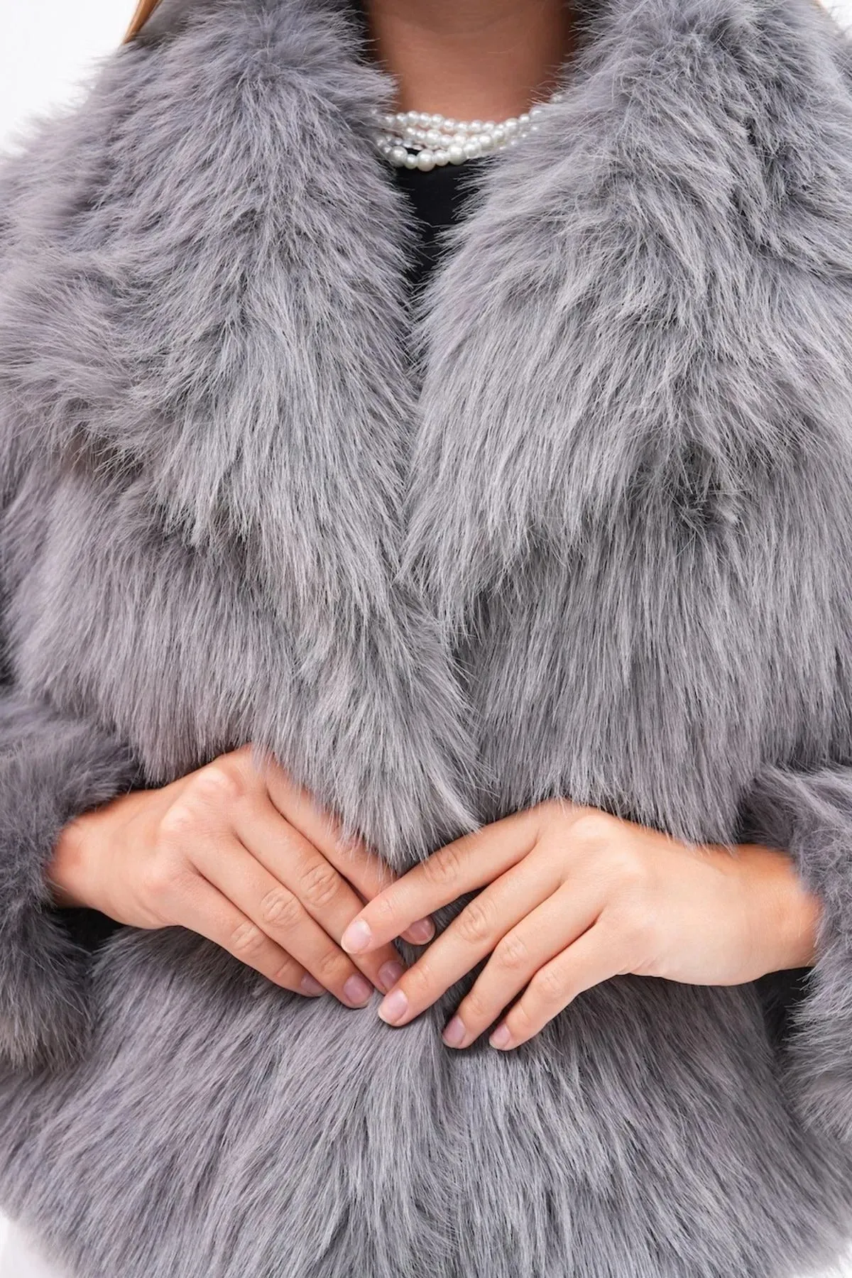 Wide Collar Faux Fur Jacket  Gray