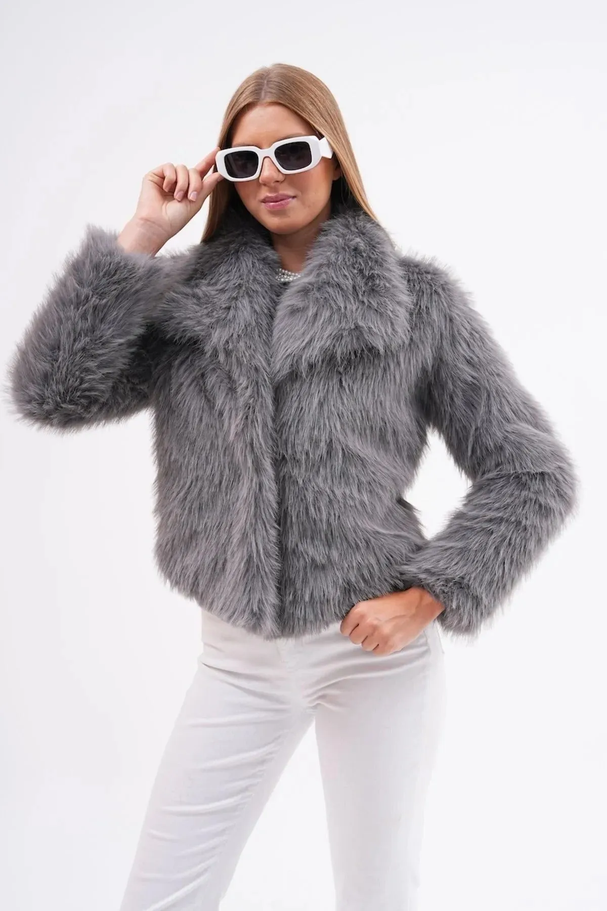 Wide Collar Faux Fur Jacket  Gray
