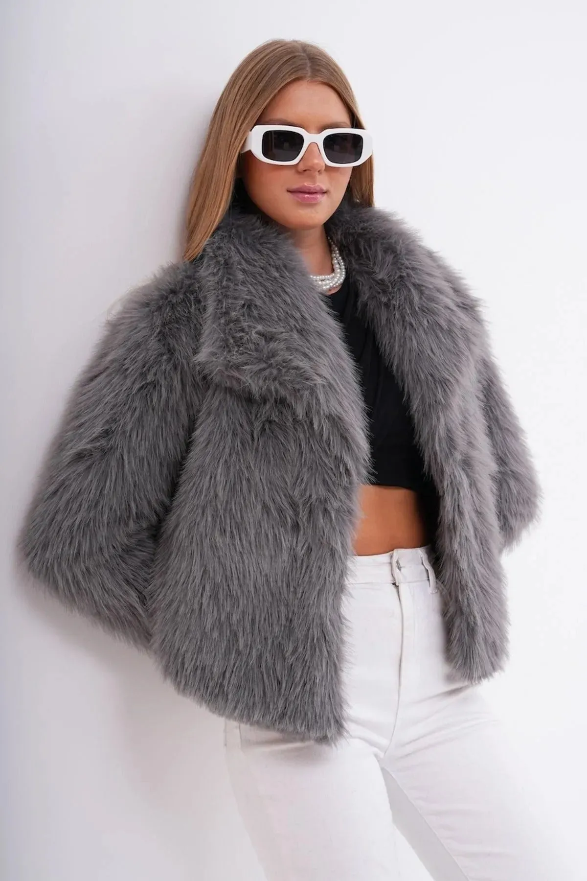 Wide Collar Faux Fur Jacket  Gray