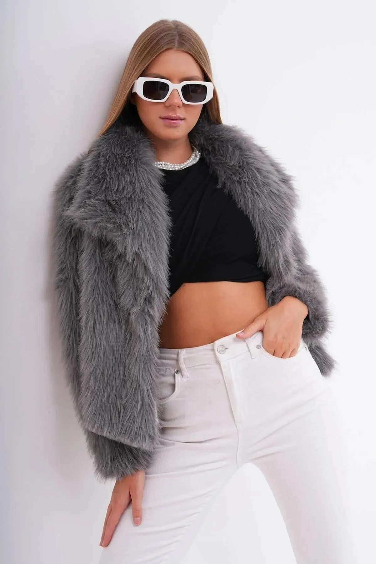 Wide Collar Faux Fur Jacket  Gray