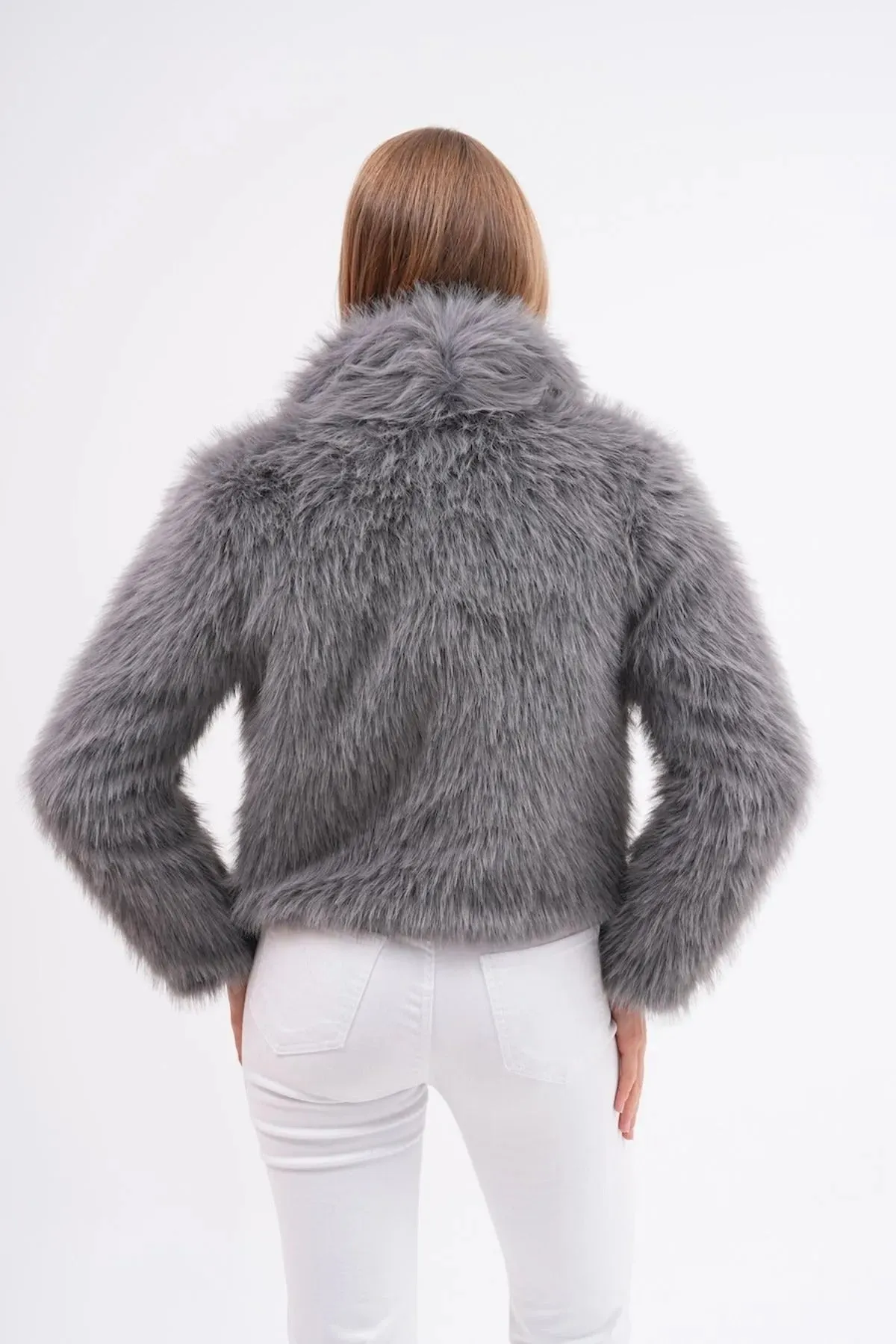 Wide Collar Faux Fur Jacket  Gray