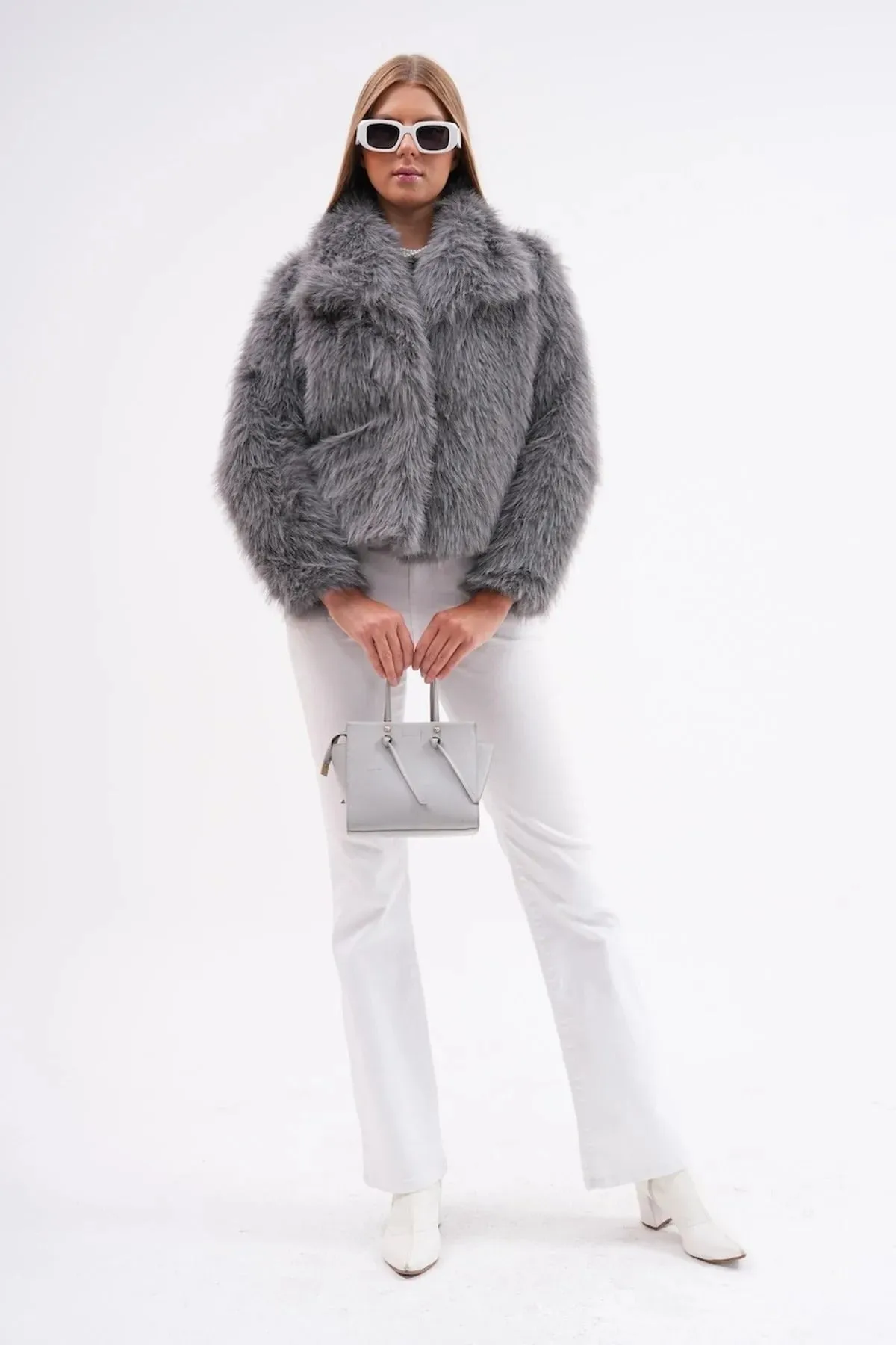 Wide Collar Faux Fur Jacket  Gray