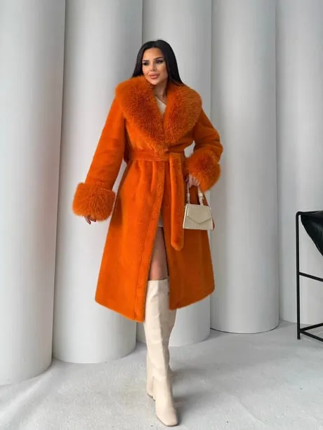 Women's Angora Long Fur Coat  Oversized Fit with Detachable Belt