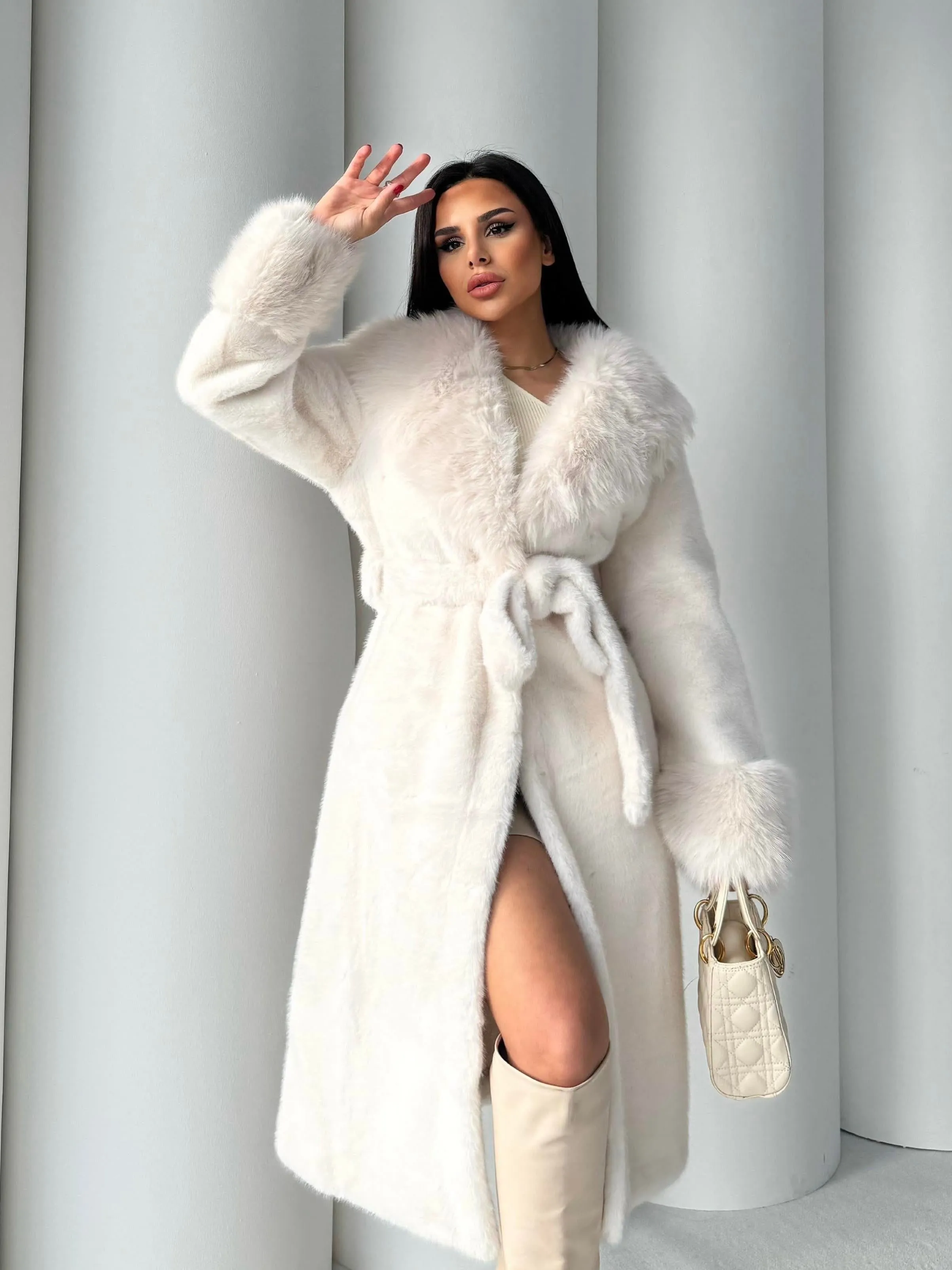 Women's Angora Long Fur Coat  Oversized Fit with Detachable Belt