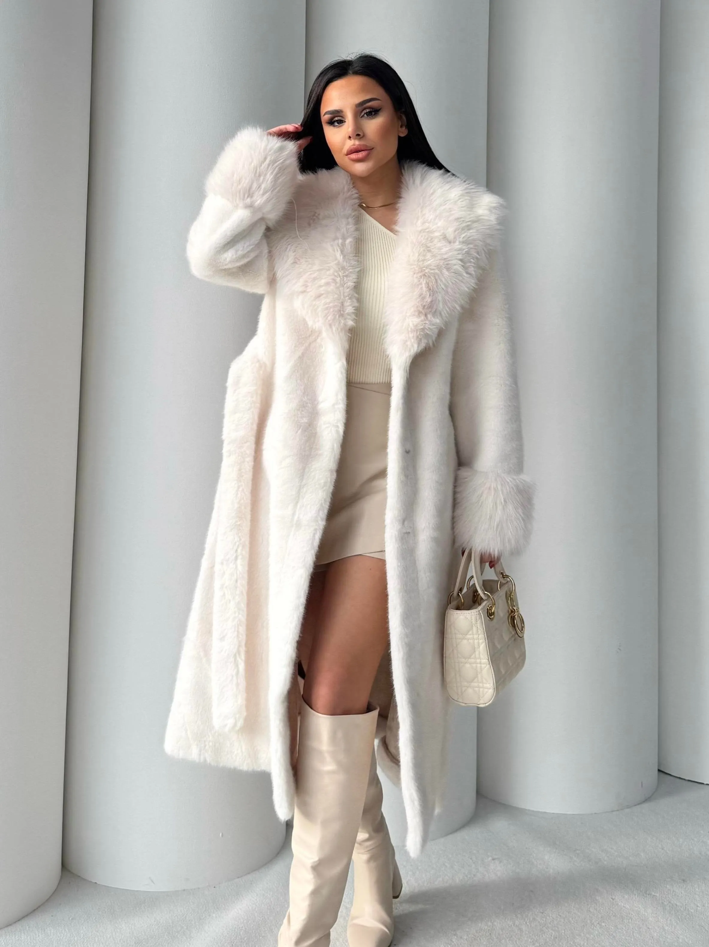 Women's Angora Long Fur Coat  Oversized Fit with Detachable Belt