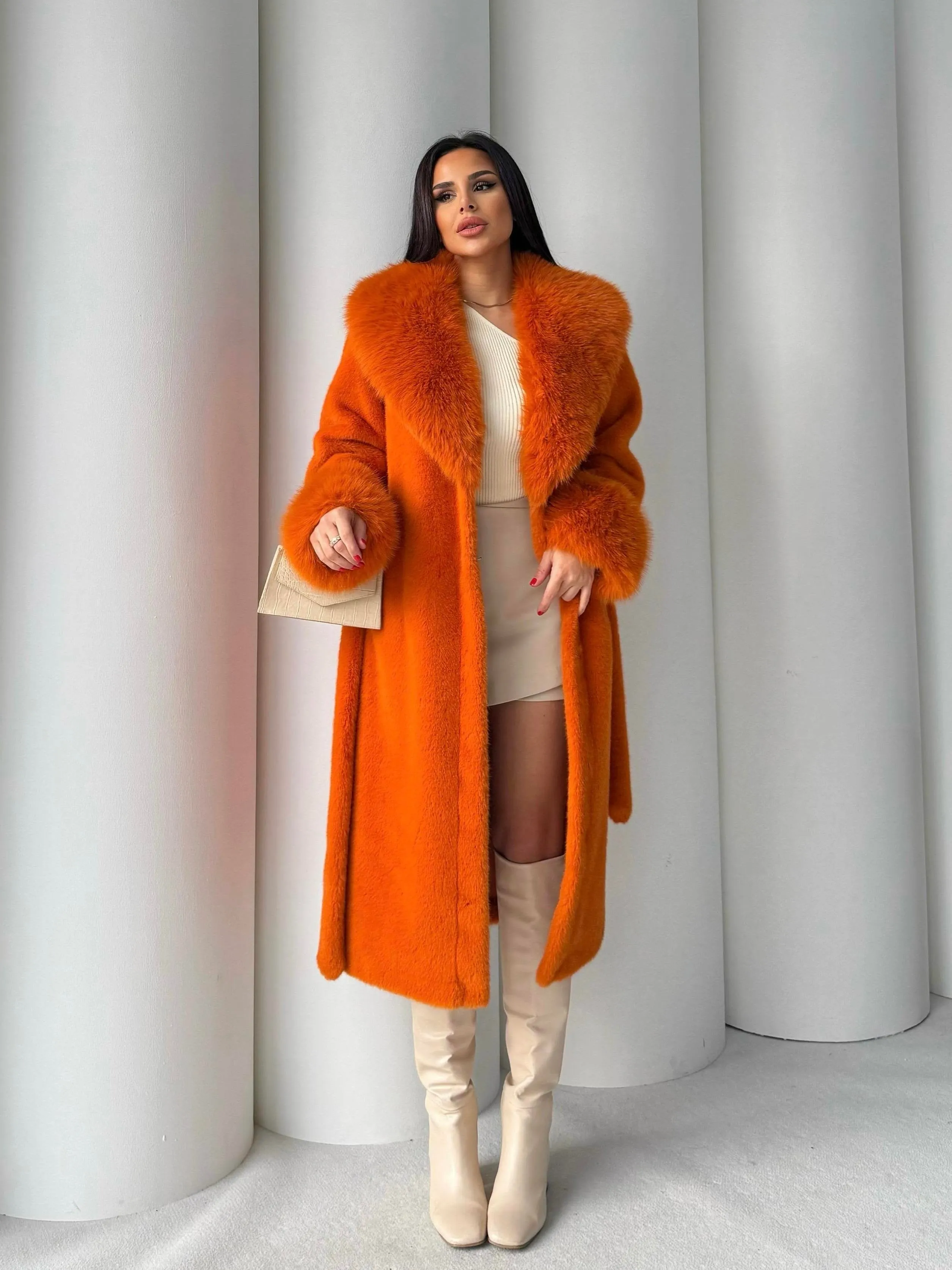 Women's Angora Long Fur Coat  Oversized Fit with Detachable Belt
