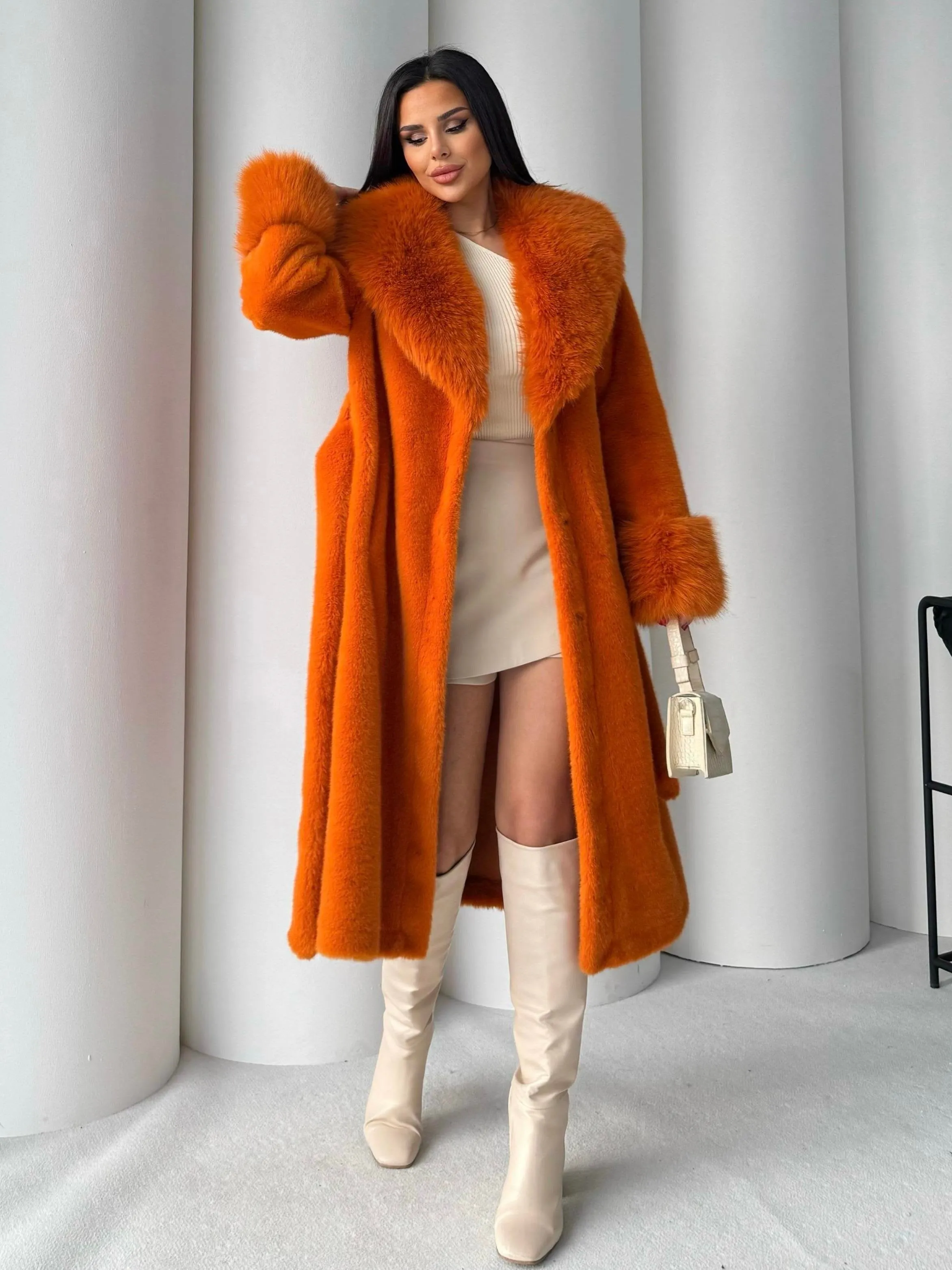 Women's Angora Long Fur Coat  Oversized Fit with Detachable Belt