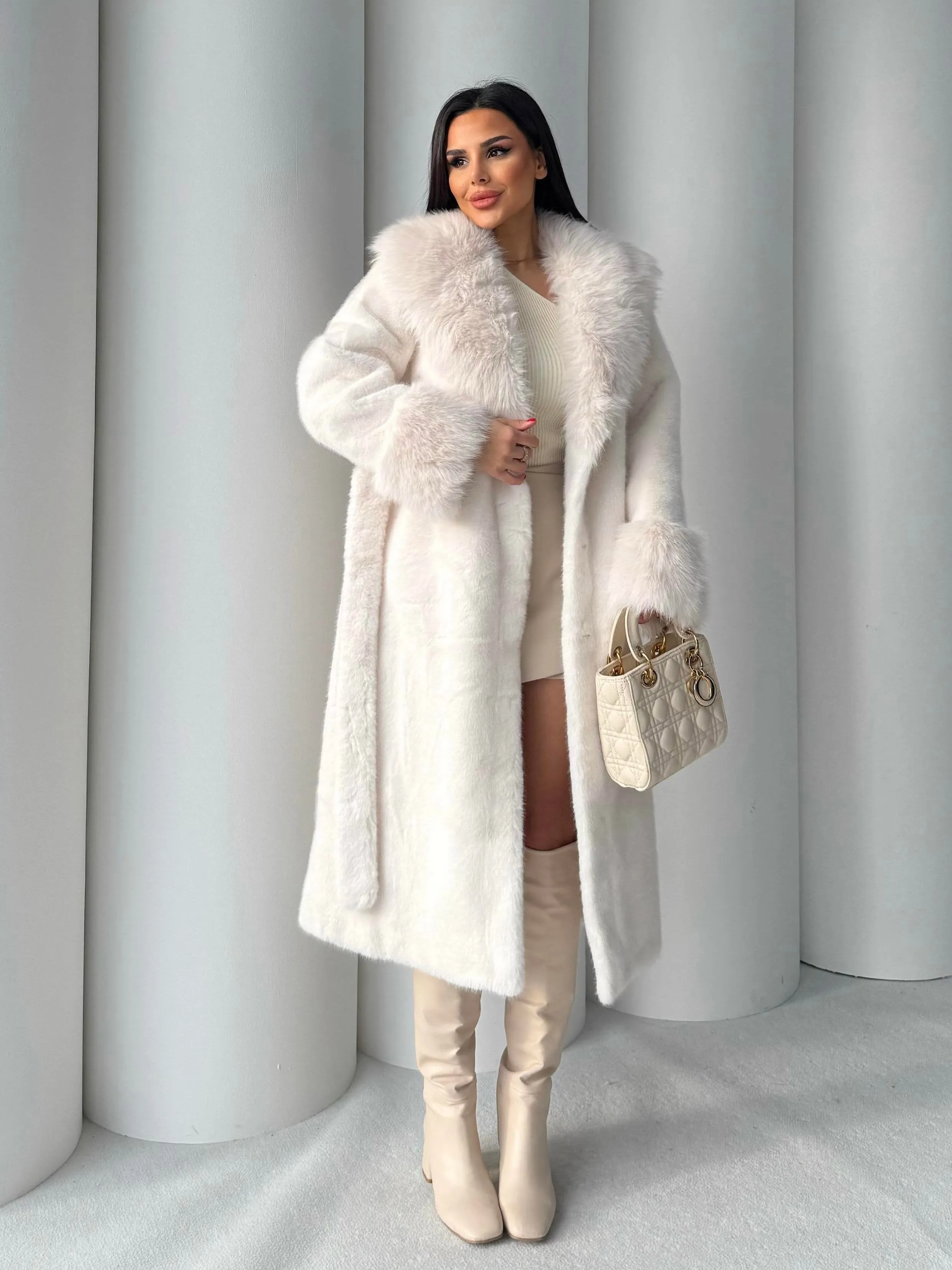 Women's Angora Long Fur Coat  Oversized Fit with Detachable Belt